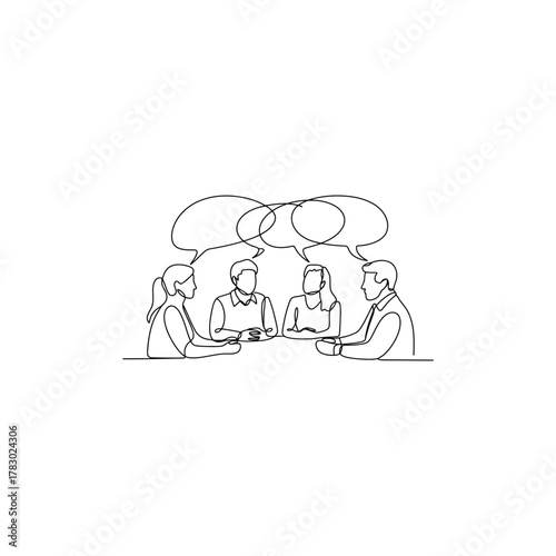 Sketch of people sitting around a table discussing ideas under umbrellas