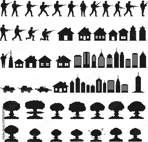 War soldier silhouettes, urban destruction, military vehicles, nuclear explosion, battlefield icons, combat poses, city ruins, tactical warfare, army action, dramatic scene