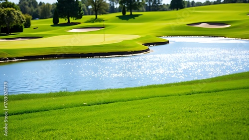 oligarchy. A golf course with manicured grass and water hazards under a sunny sky. event key visuals, club posters, designed for sports event promotions and stadium branding, drives event promotion.