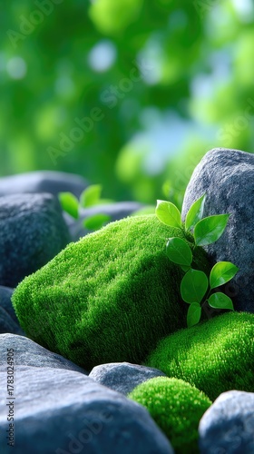 Vibrant Green Moss Clinging to Dark Gray Rocks with Lush Forest Foliage and Soft Sunlight Filtering Through in a Serene Nature Scene