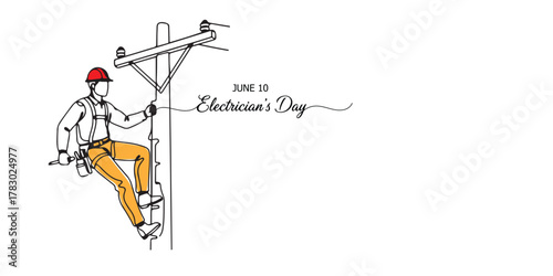 Minimalist line art illustration of an electrician climbing a utility pole wearing safety gear, with the text “Electrician’s Day, June 10.” electrical engineering themes, occupational safety awareness