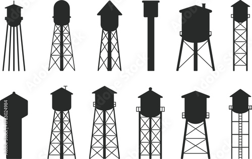 Water tower icons, architectural silhouette set, black structural graphics, utility tank designs, engineering symbols, infrastructure illustration pack