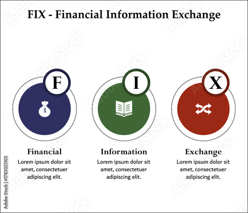 FIE - Financial Information exchange acronym. Infographic template with icons and description placeholder
