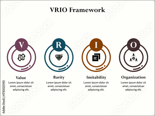 VRIO - Value, Rarity, Imitability, Organization. Infographic template with icons and description placeholder