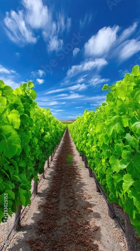 Vibrant Green Vineyard Rows Under a Bright Blue Sky with Wispy Clouds in a Rural Landscape on a Sunny Day