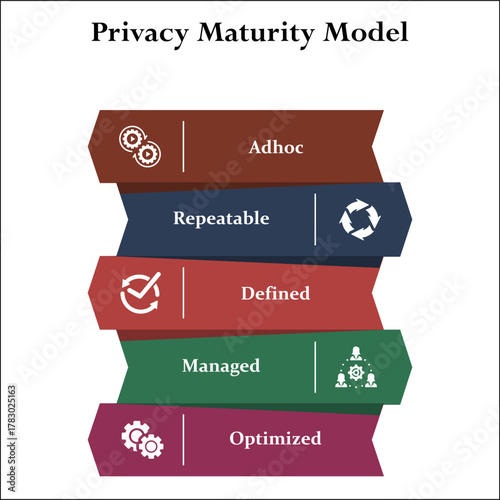 Five aspects of Privacy Maturity Model. Infographic template with icons and description placeholder