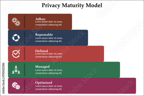 Five aspects of Privacy Maturity Model. Infographic template with icons and description placeholder