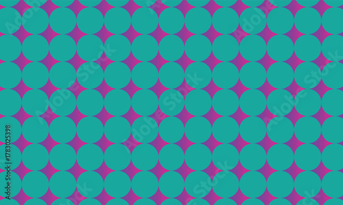 Bright teal circles perfectly form an abstract pattern over magenta and purple background