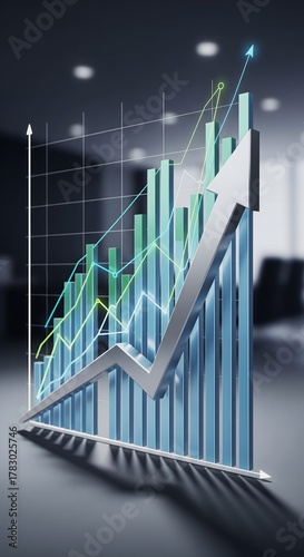 3D Professional Business Graph Chart with Upward Arrow – Symbol of Financial Growth, Success and Progress