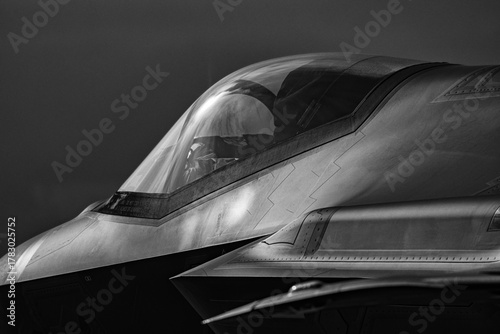 Modern military jet in black and white