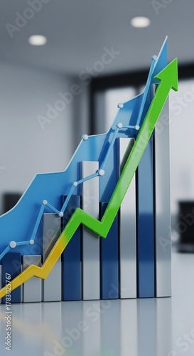 3D Professional Business Graph Chart with Upward Arrow – Symbol of Financial Growth, Success and Progress