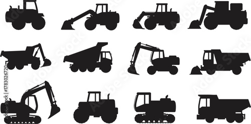 Construction vehicles silhouette set, heavy machinery icons, excavator, bulldozer, dump truck, loader, industrial equipment, vector graphic, black shapes, isolated