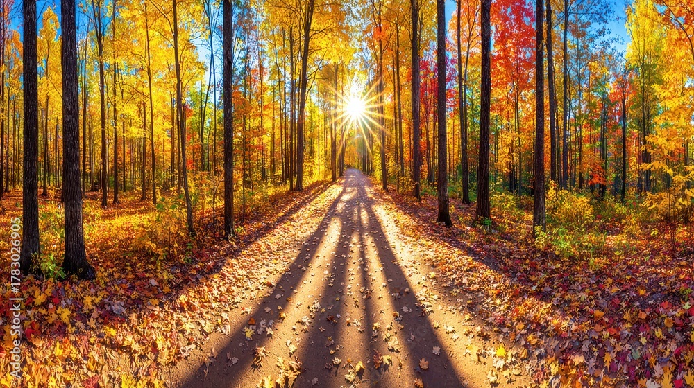Obraz premium Colorful Autumn Forest Path Bright Sunlight Shining Through Tall Trees in Warm Fall Colors