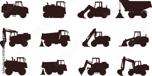 Construction vehicles silhouettes, excavator, bulldozer, dump truck, loader, industrial machinery, black icons, heavy equipment, construction zone, traffic cones, barriers