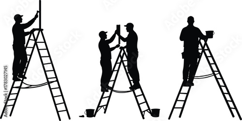 Construction workers, teamwork, ladder safety, industrial maintenance, painting, manual labor, silhouettes, job site, collaboration, tools, bucket, scaffolding, repair, effort, support, hard work,