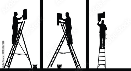 Construction workers on ladders, installing wall panels, industrial interior, teamwork, safety gear, renovation site, vertical partitions, manual labor, tools, buckets