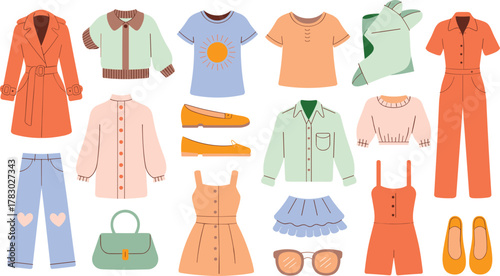 Fashion collection, trendy clothing, stylish outfits, seasonal wardrobe, casual wear, accessories, dresses, shoes, tops, outerwear, jeans, skirts, sunglasses, handbag, trench coat, peach shirt, green