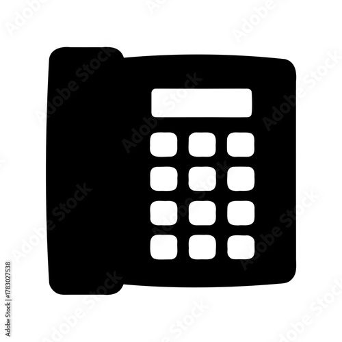 Simple black and white illustration of a phone with keypad on a stand