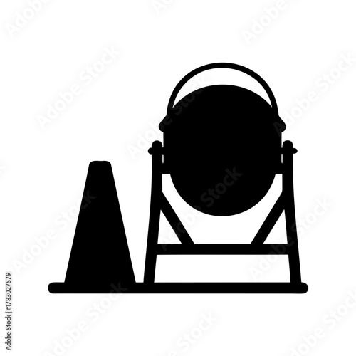 Black Silhouette of Concrete Mixer and Traffic Cone Indicating Construction Site