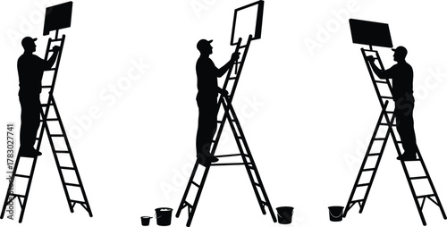 Silhouette workers on ladders, painting signs, teamwork, manual labor, construction, outdoor job, creative process, urban art, industrial scene, craftsmanship