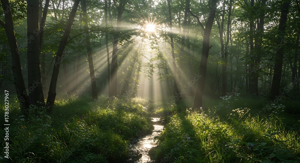 Fototapeta premium Sunlight streaming through forest trees illuminating a small stream.