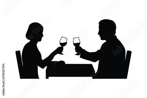Romantic Couple Having Dinner and Drinking Wine. Half Body Silhouette Vector Illustration