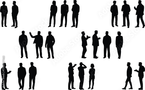 Silhouettes of people in conversation, social interaction, body language, communication, teamwork, dialogue, human figures, black and white illustr