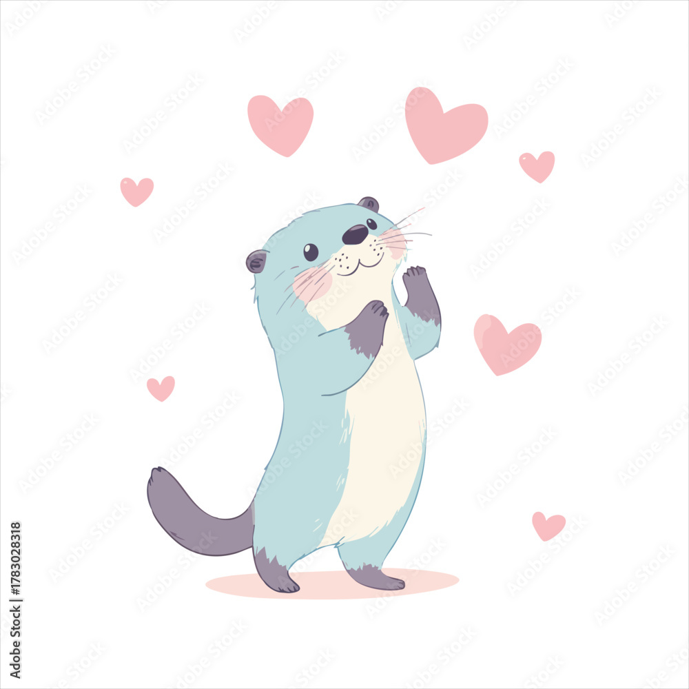 Fototapeta premium Cute otter standing, surrounded by hearts