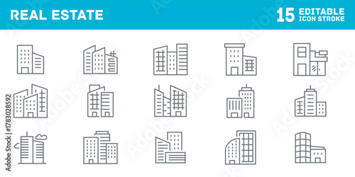 15 Minimalist architectural building icons in urban real estate development, for app mockup and UI design, icon category