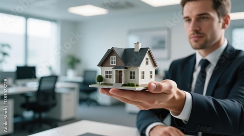 Businessman holding miniature house model