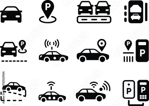 Smart parking icons, car parking system, automated vehicle sensors, location pin, parking meter, garage entrance, wireless signal, black white symbols