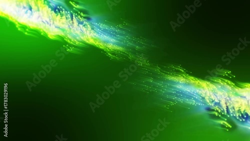 Dynamic burst of glowing light particles and energy forming a vibrant diagonal wave on an abstract green backdrop