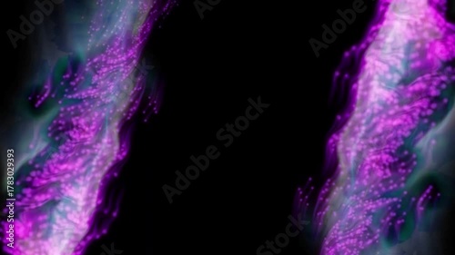 Celestial portal framed by two swirling columns of vibrant purple and blue cosmic dust and magical light on a black background