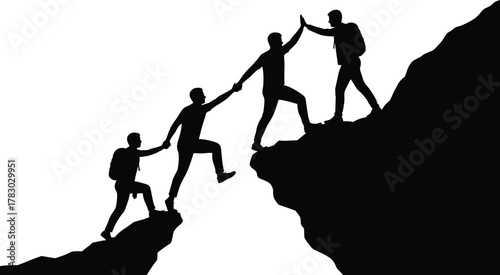 Teamwork climbing silhouette, hikers helping each other, mountain ascent, black figures, outdoor adventure, mutual support, leadership concept, white background, unity