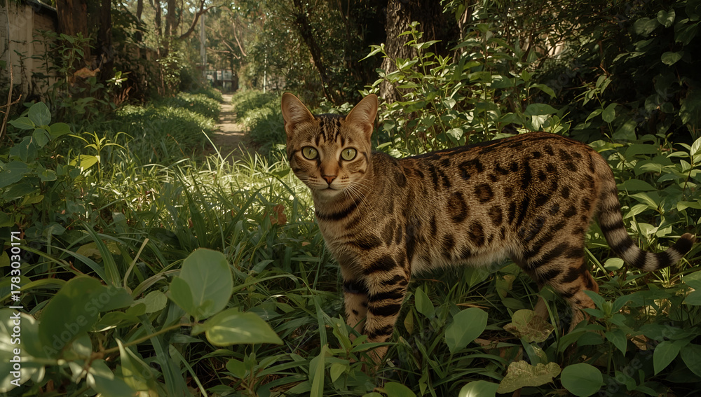 Obraz premium Lucid realism bengal cat with distinctive spotted fur in natural background