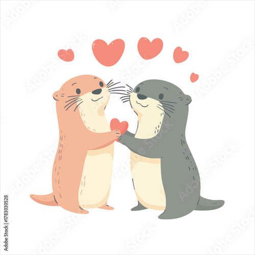 Two otters holding hands with hearts, a sweet and adorable depiction of love
