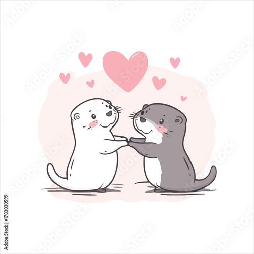 Cute otter couple holding hands, surrounded by hearts