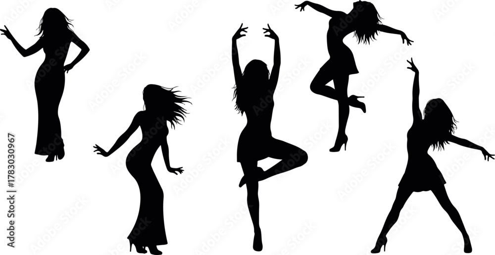 Fototapeta premium Elegant female dancers silhouettes vector, graceful women in various dynamic poses and dresses
