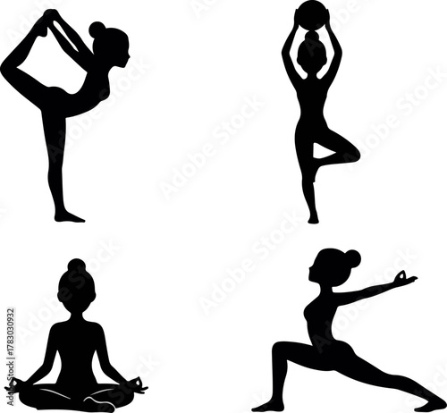 Collection of diverse female yoga poses, elegant black silhouettes representing health, meditation, and wellness practices