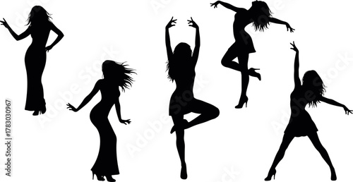 Elegant female dancers silhouettes vector, graceful women in various dynamic poses and dresses