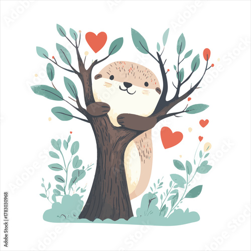 Cute otter clinging to a tree with hearts