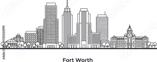 Fort Worth Texas skyline illustration, USA cityscape outline, minimalist vector architectural design