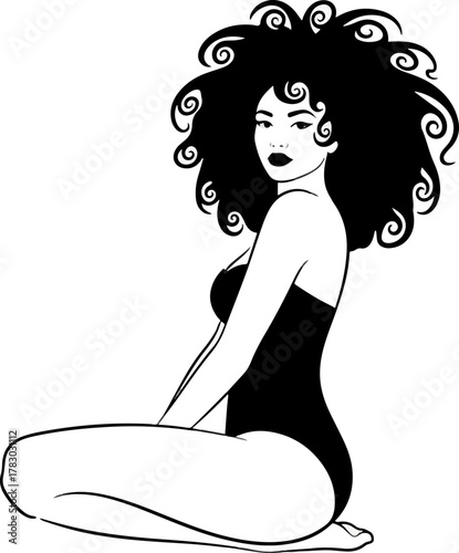 Confident Black woman illustration, voluminous curly hair, chic swimsuit, elegant seated pose, monochrome art