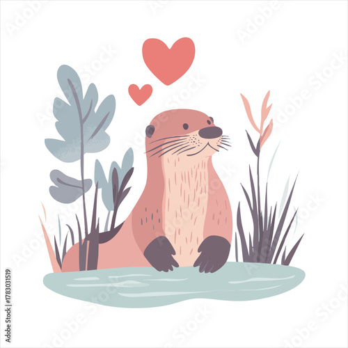Cute otter in a watery meadow, hearts floating overhead