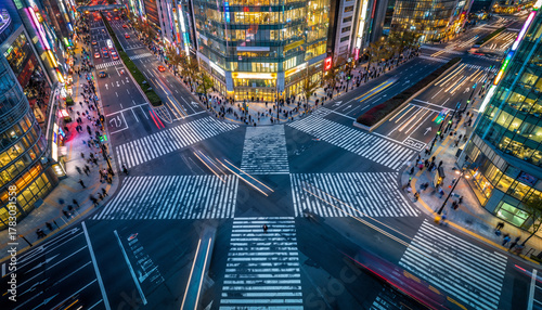 Tokyo's shibuya Scramble Crossing with Light Trails from Aerial view 
