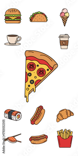 Illustrated food icons on black background culinary concept