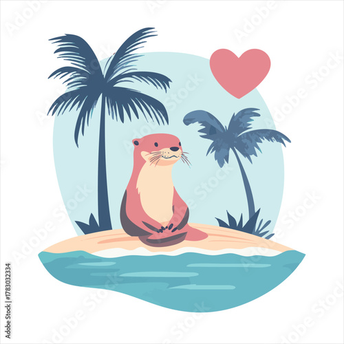 Cute otter on a tropical island with palm trees and a heart