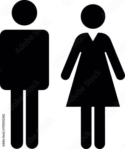 Black vector illustration of male and female gender symbols, public restroom signs icon, men and women toilet facility graphic