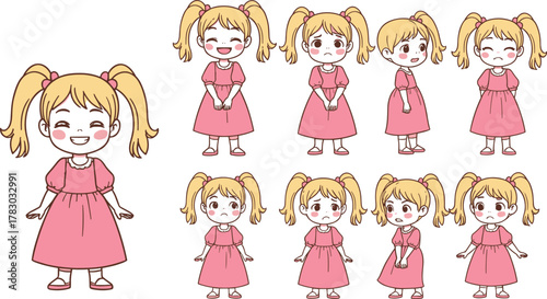 Cartoon girl character sheet, blonde pigtail child, pink dress poses, emotional expressions pack, animation asset, game design, cute avatar