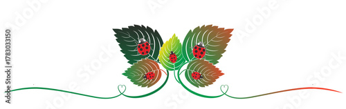 Leaf and ladybug image. Vector hand-carved leaf card. Green and yellow ink sketch, botanical, and ladybug. Suitable for tattoos, invitations, greeting cards, and decorations.